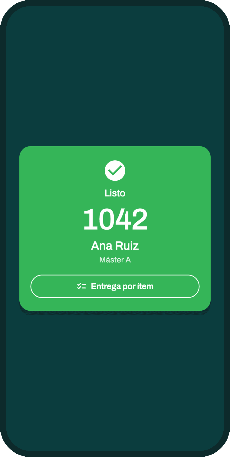 App de NextGoal en modo organizador: check-in exitoso del dorsal 1042