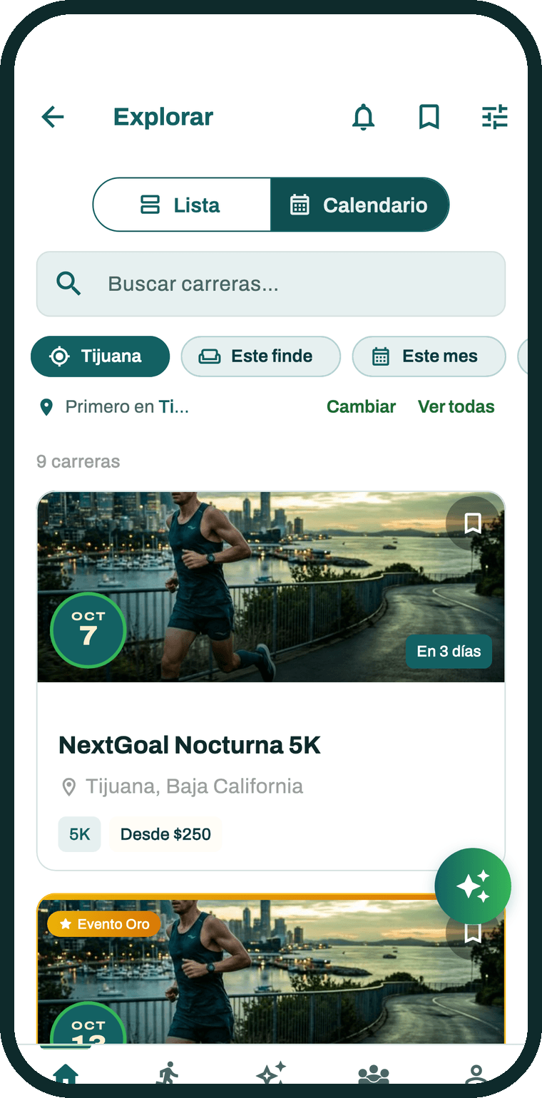 App de NextGoal: explorar carreras con filtros y medalla de fecha