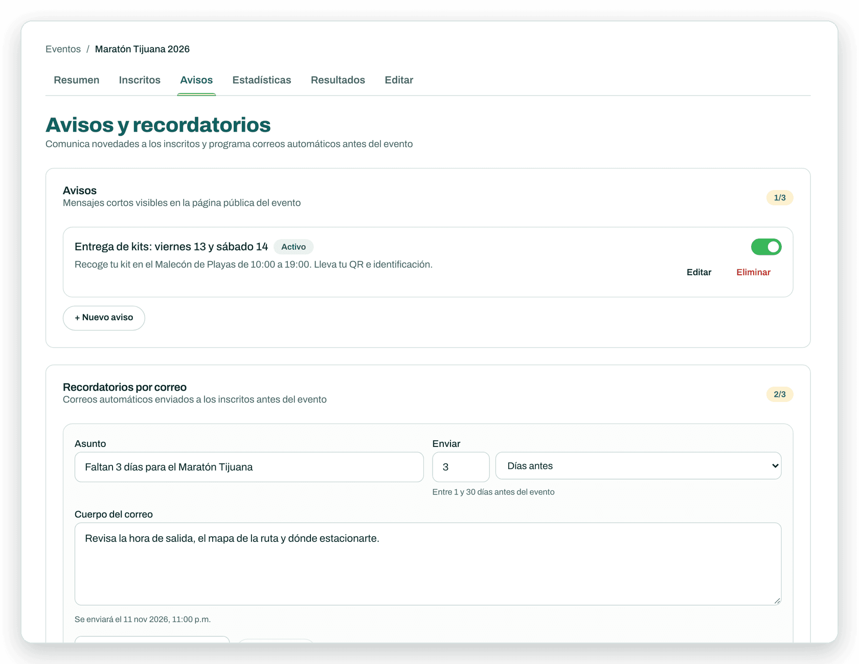 Avisos y recordatorios programados de un evento en el panel de NextGoal