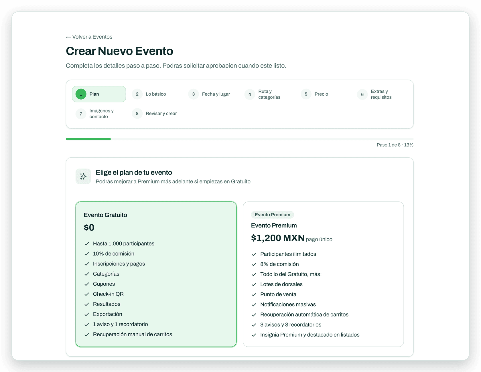Asistente para crear un evento en el panel de NextGoal, con los pasos y la elección de plan