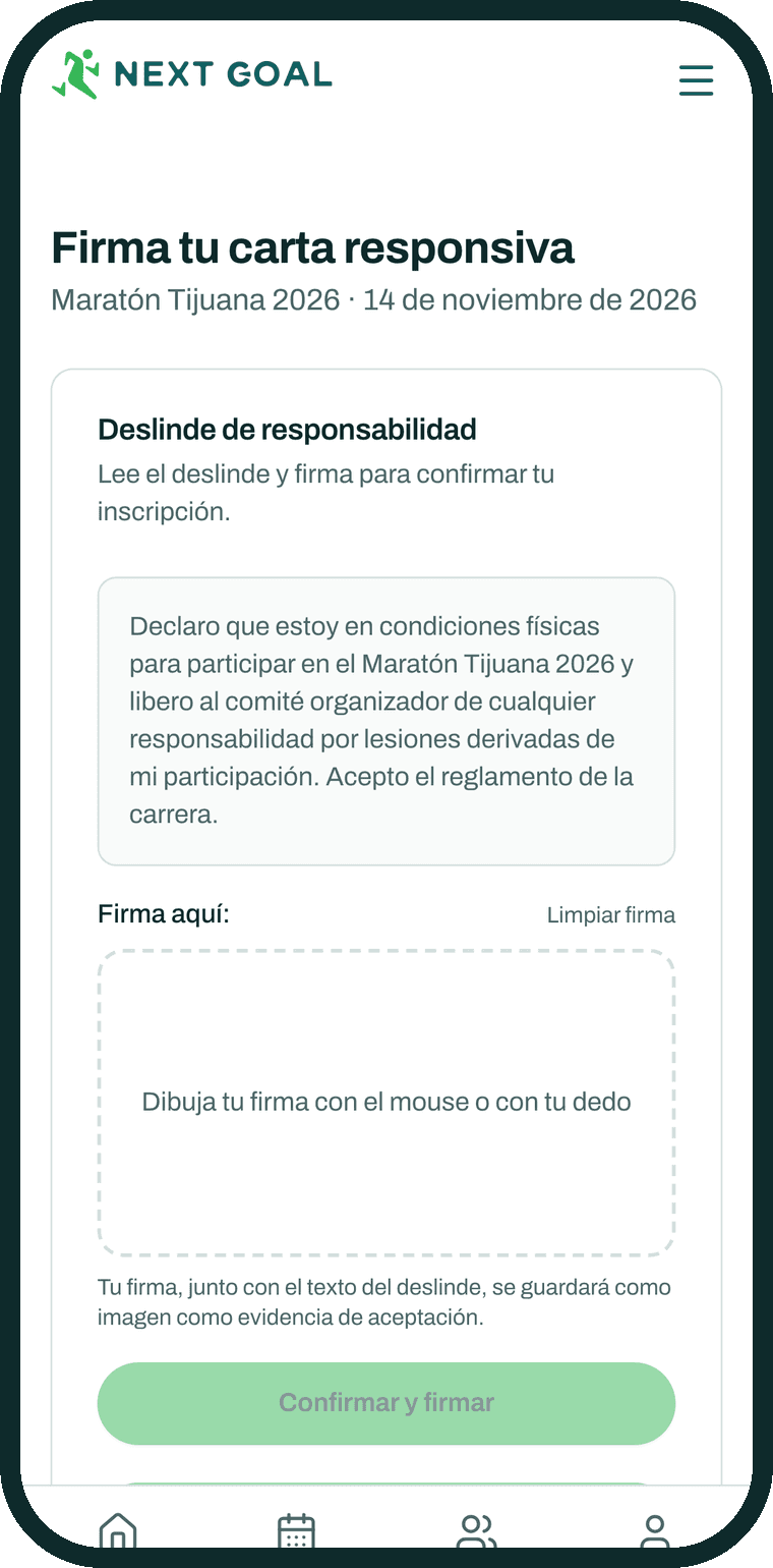 Pantalla del celular donde un corredor firma su carta responsiva del Maratón Tijuana