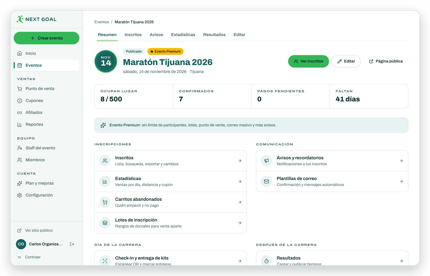 Centro de un evento en el panel de NextGoal: inscritos, pagos pendientes y herramientas agrupadas por momento