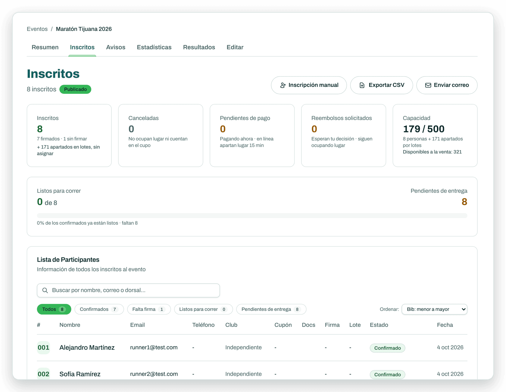 Lista de inscritos de un evento con estados de pago, búsqueda y acciones de exportar e inscribir a mano