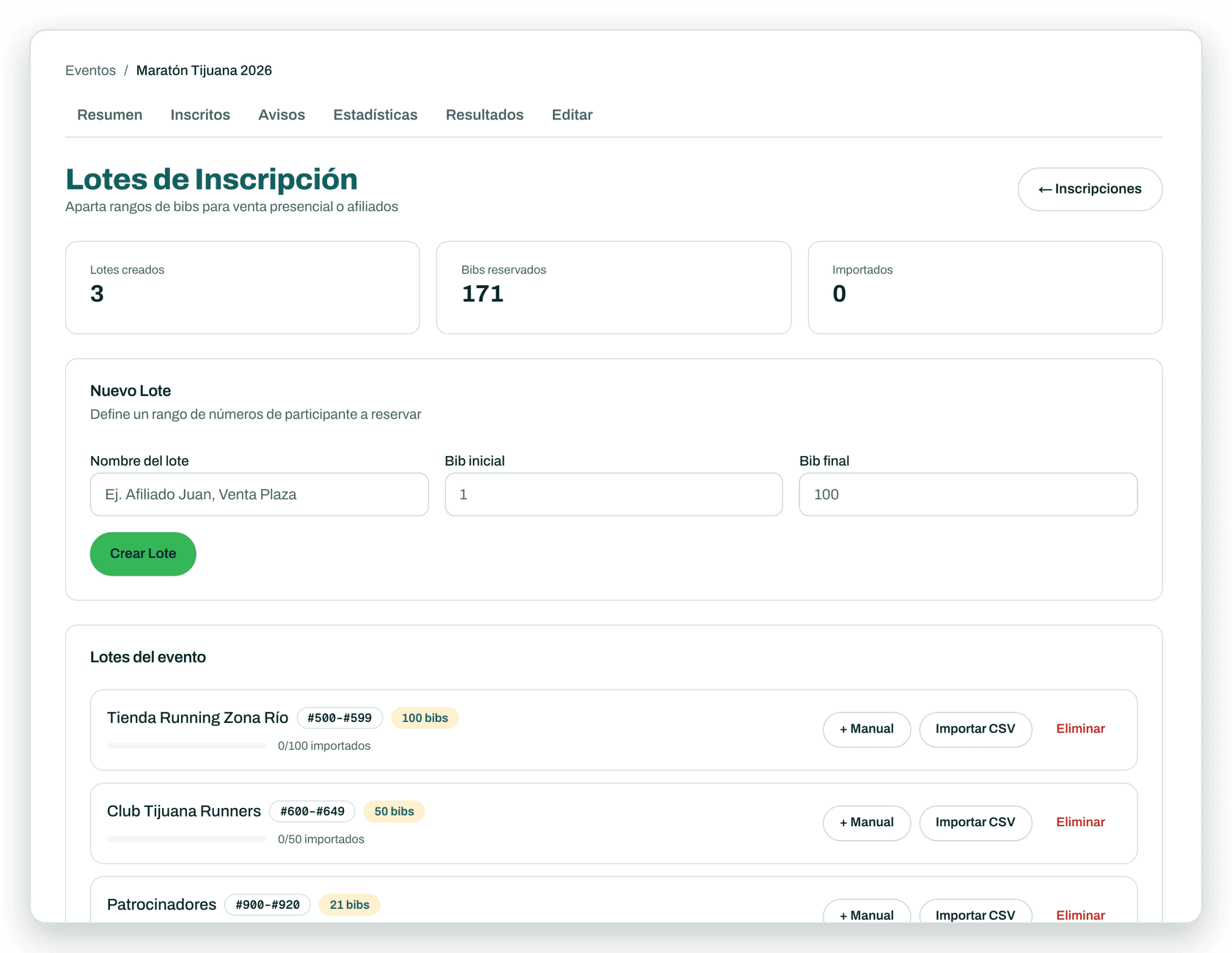 Lotes de dorsales reservados para una tienda, un club y patrocinadores