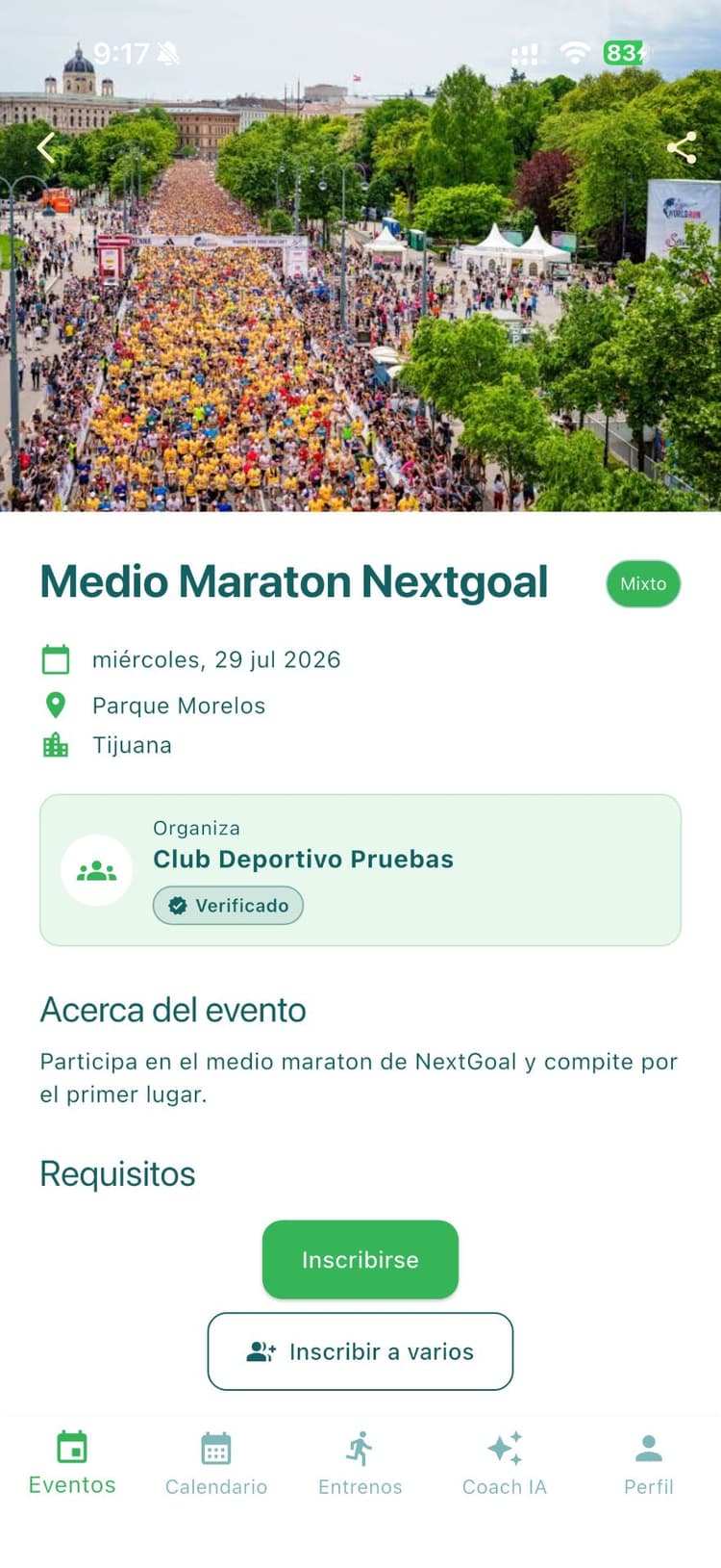 Pantalla de la app de corredores: explorar y descubrir eventos