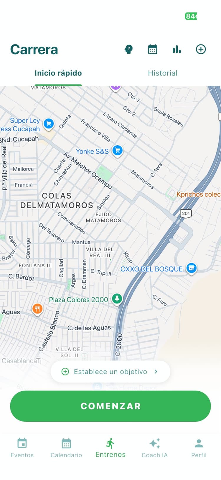 Pantalla de la app de corredores: registrar un entrenamiento