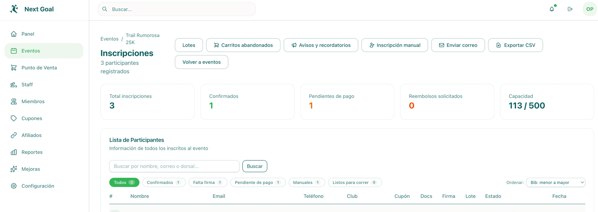 Panel de creación de evento en Next Goal con el resumen de un evento publicado