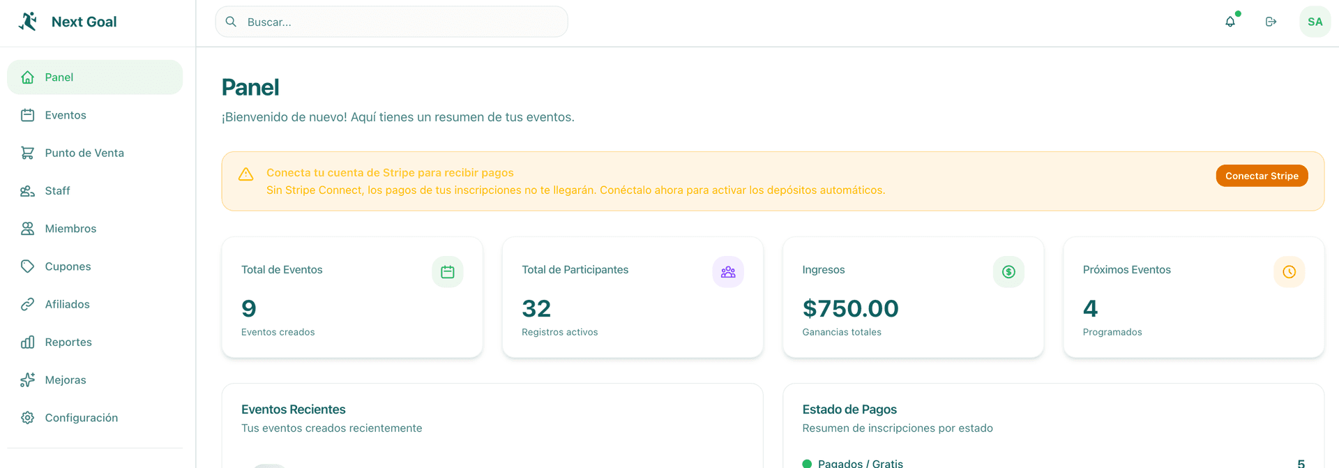 Panel de administración de Next Goal mostrando el resumen de eventos de un organizador