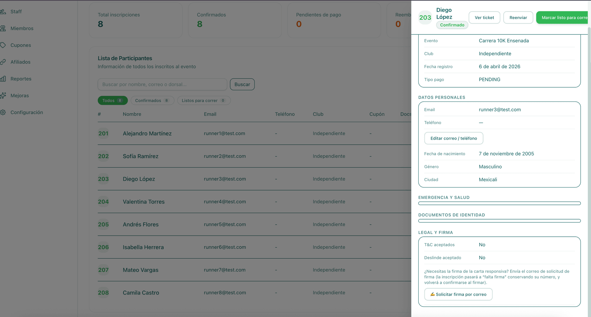 Lista de inscripciones de un evento con filtros y estado de pago de cada corredor